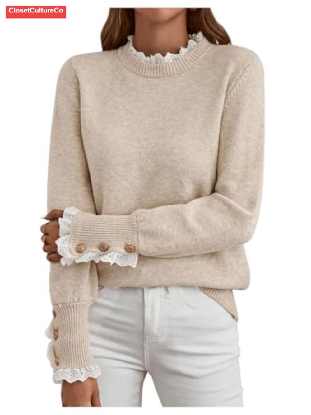 Women Lace Mock Neck Cozy Knit Pullover Sweater Long Sleeve